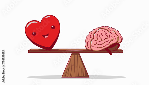 Illustration of Heart and Brain Balancing on a Seesaw Depicting the Relationship Between Emotions and Logic in Decision-Making
