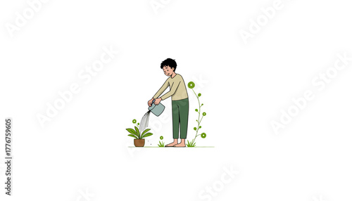 Illustration of a Woman Watering Potted Plants with a Watering Can Dressed Casually in Overalls on a Bright Day