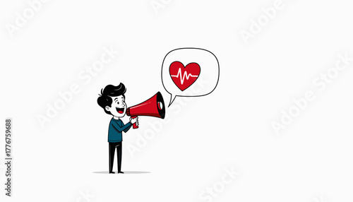 Enthusiastic Cartoon Woman with Megaphone and Heart Symbol Emphasizing Passionate Communication on White Background