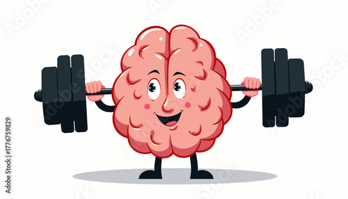Illustration of a Cartoon Brain Lifting Weights Depicting Strength and Intelligence in a Humorous and Motivational Way