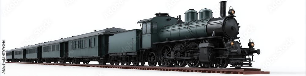 Obraz premium Vintage steam locomotive and passenger cars on rail tracks