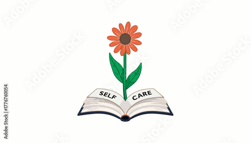 Open Book with Blooming Flower Representing the Concept of Self-Care and Personal Growth Through Mindfulness and Well-Being Practices