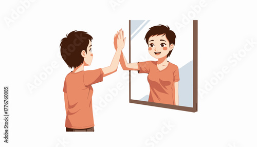 Smiling Child High-Fiving Reflection in Mirror Highlighting Joyful Innocence and Imaginary Interaction in Minimalist Illustration
