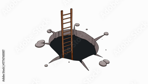 Wooden ladder descending into a mysterious steep hole surrounded by smooth gray edges creating a scene provoking curiosity and intrigue