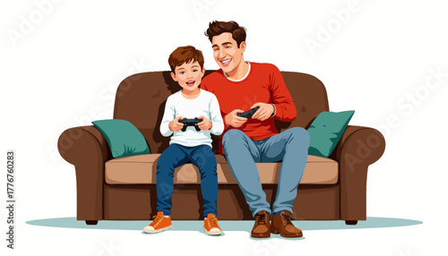 Father and Son Bonding Over Video Games on Comfortable Sofa, Sharing Joyful Moments and Strengthening Relationship Through Interactive Play