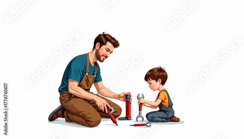 Young Duo Engages in Hands-On Learning with Tools and Hard Hat, Fostering Curiosity and Skill Development in an Interactive Environment