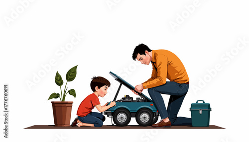 Father Teaching Son Car Maintenance on Miniature Classic Convertible Model Vehicle Together