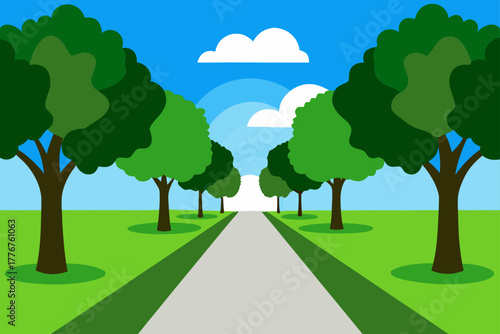 Park path with green trees
