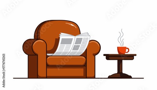 Young adult sitting comfortably in a red armchair reading a newspaper beside a small wooden table with a steaming cup of coffee on a bright white background.