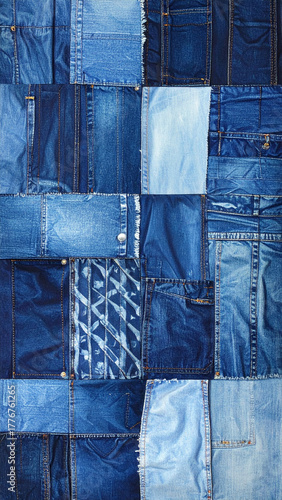Intricately patched blue denim textures, symbolizing sustainability and fashion.
