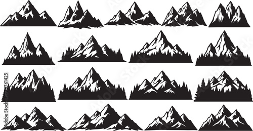 Collection of Black Silhouettes of Various Mountain Peaks and Forested Landscapes Keywords: mountains, mountain range, peaks, silhouette, landscape, nature, scenery, on transparent background