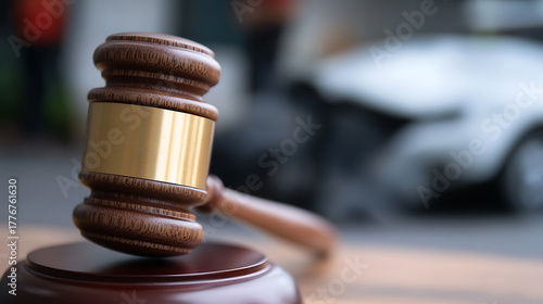 Legal gavel with a wrecked car in the background suggests concepts like accident lawsuits, insurance claim disputes, and the legal ramifications of car crashes.