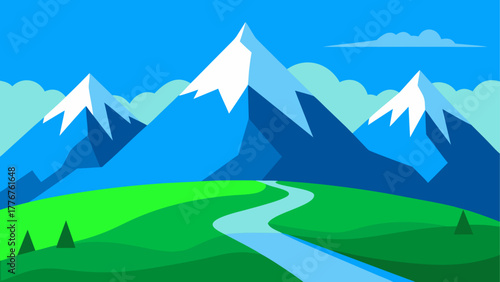 Illustration of mountains with snow and green fields