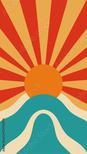 Retro sun rising over abstract hills illustration