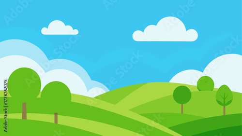 Cartoon landscape with hills trees and some clouds