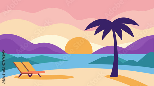 Tropical beach scene with palm tree and deck chair