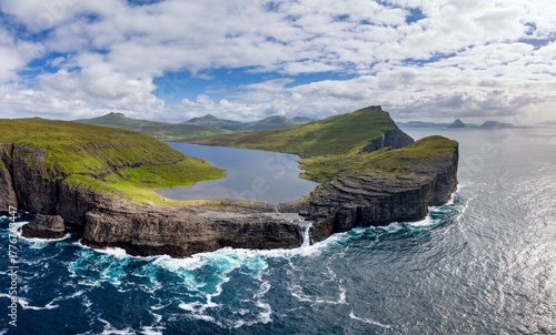 aerial panorama view of Sorvagsvatn Lake on the Faroe Islands