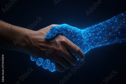 A futuristic concept image showing a handshake between a human and a digital hand made of glowing blue light, symbolizing connection, trust, and collaboration between humanity and technology.