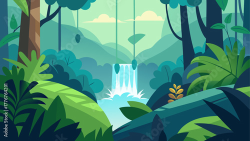 Vibrant jungle scene with a cascading waterfall and lush green foliage