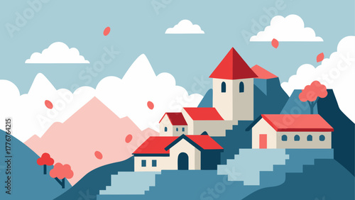 Charming village nestled in rolling hills with a clear blue sky and scattered clouds