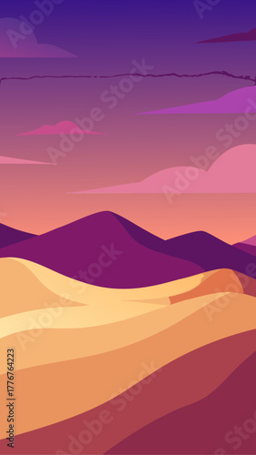 Stylized desert landscape at sunset with purple and pink clouds
