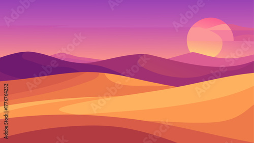 Stylized desert landscape with rolling dunes and a large sun at sunset