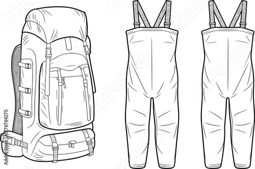 Hiking backpack and waders, technical sketch, outdoor gear illustration, black white line art, camping equipment, vector template, waterproof apparel