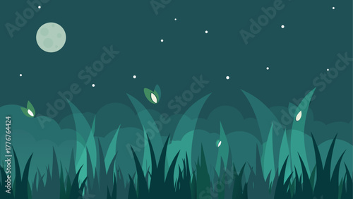 Stylized night scene with moon stars and grass blades