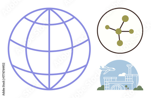 Globe network, molecular structure, and airport suggest worldwide communication, science links, air travel. Ideal for technology, business, logistics, globalization innovation transport education