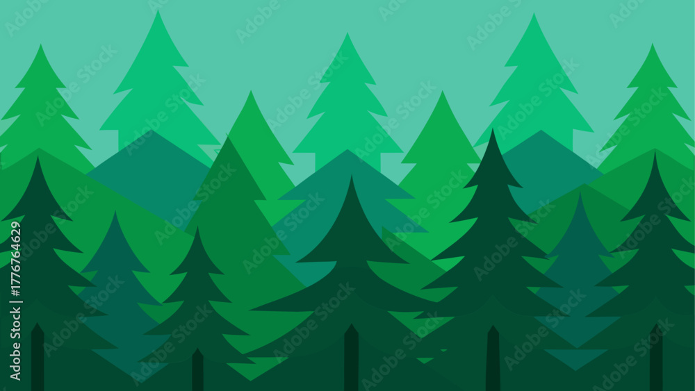 Obraz premium Stylized forest landscape with overlapping evergreen trees in various shades of green