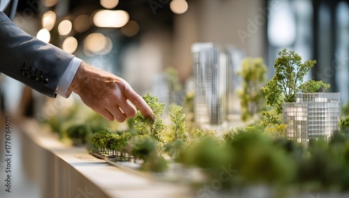 Fototapeta Naklejka Na Ścianę i Meble -  Close up of a real estate agent or architect hands presenting a detailed model of a modern city development with buildings and green spaces