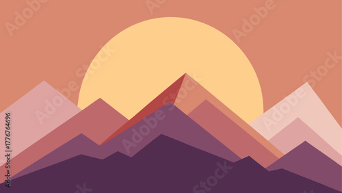 Geometric mountain landscape at sunset with a large sun