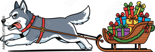 Husky dog sleigh illustration, cartoon pet pulling gifts, Christmas holiday artwork, festive winter design, funny animal vector, seasonal celebration background