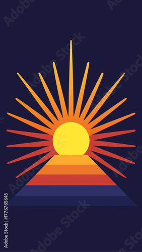Illustration of sun rising over a layered pyramid