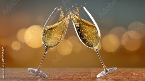 Champagne Flutes Clinking in Toast on Bokeh Background in Photographic Style