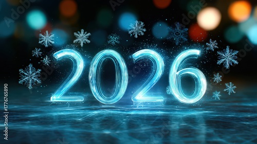 Glowing “2026” Text with Snowflakes on Dark Bokeh Background in Digital Graphic Style