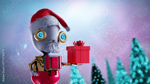 Funny Christmas Robot Santa with Gifts Winter Snow Scene render 3d