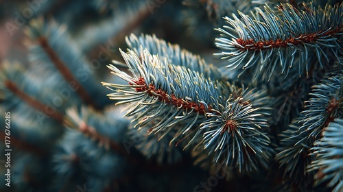 Close up of blue spruce tree needles with soft focus background