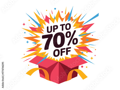 Up to 70% off sale, an explosion of savings from an open gift box.