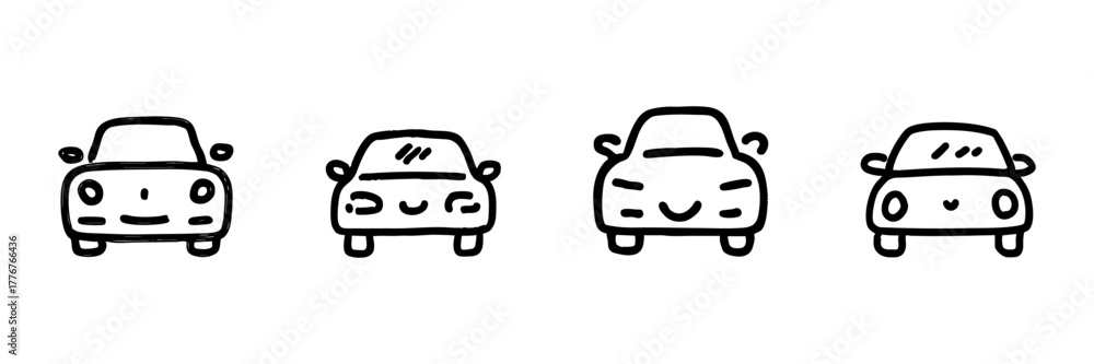 Obraz premium Cute Smiling Cars Line Icon Set In Doodle Style. Playful Automotive Characters And Transportation Fun Outline Sketch Collection. Hand Drawn Isolated Vector Illustration