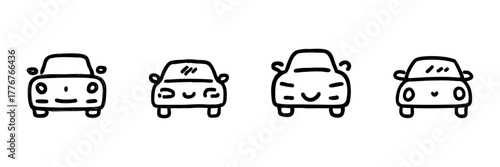 Cute Smiling Cars Line Icon Set In Doodle Style. Playful Automotive Characters And Transportation Fun Outline Sketch Collection. Hand Drawn Isolated Vector Illustration