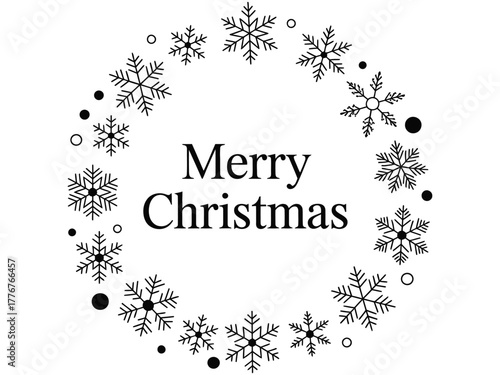 Merry Christmas text surrounded by a snowflake wreath.
