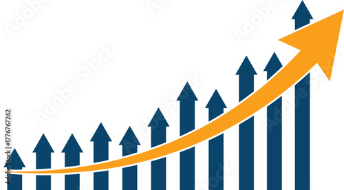 Upward trending bar graph with orange arrow chart data