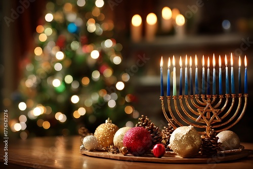 Chanukah menorah and christmas tree with festive decorations