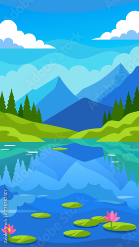 Cartoon landscape with lake mountains and water lilies