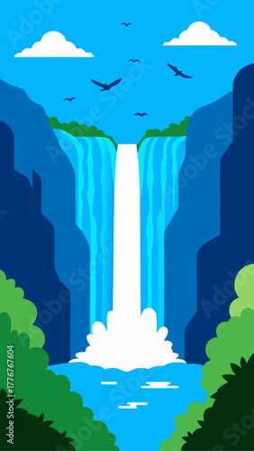 A waterfall scene with birds and clouds illustration