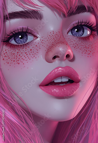 lip gloss pink lips freckles pink hair smile and 80s anime masterpeice