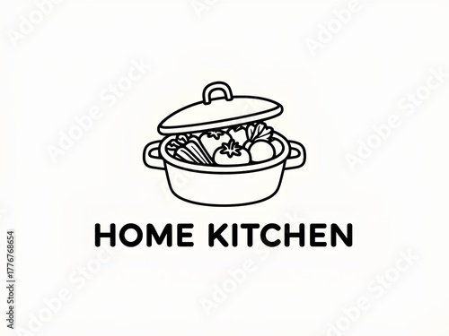 Wallpaper Mural Home kitchen logo, simple linear drawing on a white background. A saucepan with an open lid and vegetables peeking out.  Torontodigital.ca