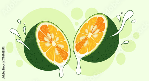 Freshly Sliced Citrus Fruit Displayed With Abstract Green Backdrops and Drips