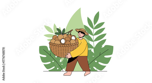 Freshly Harvested Longan Fruit Farmer with Basket Surrounded by Tropical Greenery